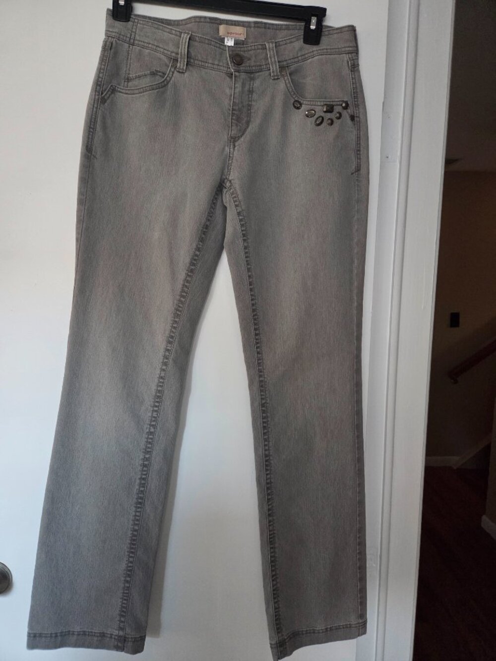 $395 Apriori Escada Women's Gray Denim Jeans Size 10 Straight Leg Mid-Rise